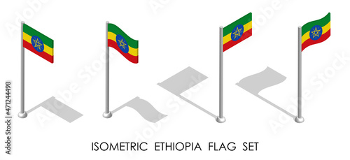 isometric flag of ETHIOPIA in static position and in motion on flagpole. 3d vector