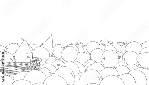 Contour of a heap of apples and pears, and a basket of black lines isolated on a white background. Vector illustration