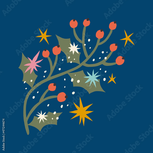 Christmas holly berries branch with starry childish cartoon doodle boho naive funky handdrawn style art vector 