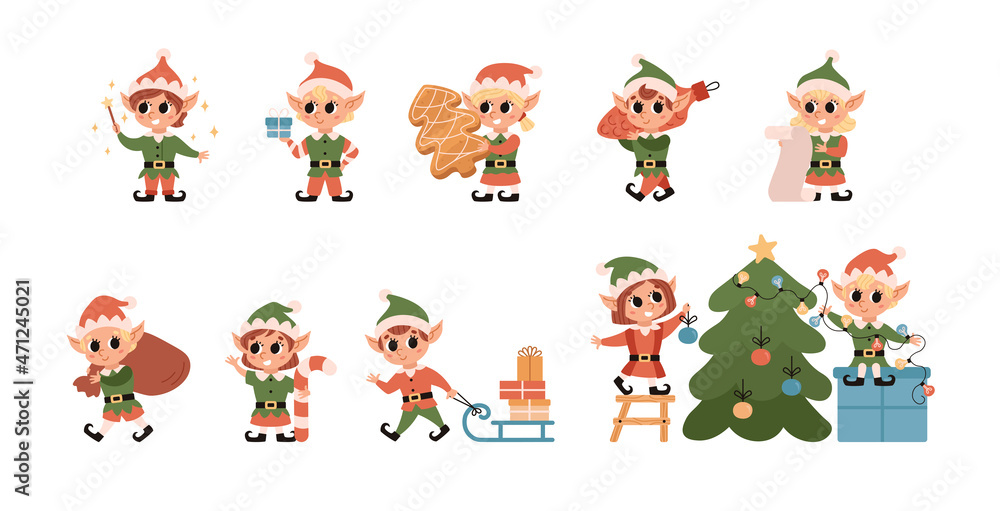 Christmas elves collection. Santa Claus helper. Set of cute character with gifts and christmas tree. Festive elf isolated on white background. - obrazy, fototapety, plakaty 