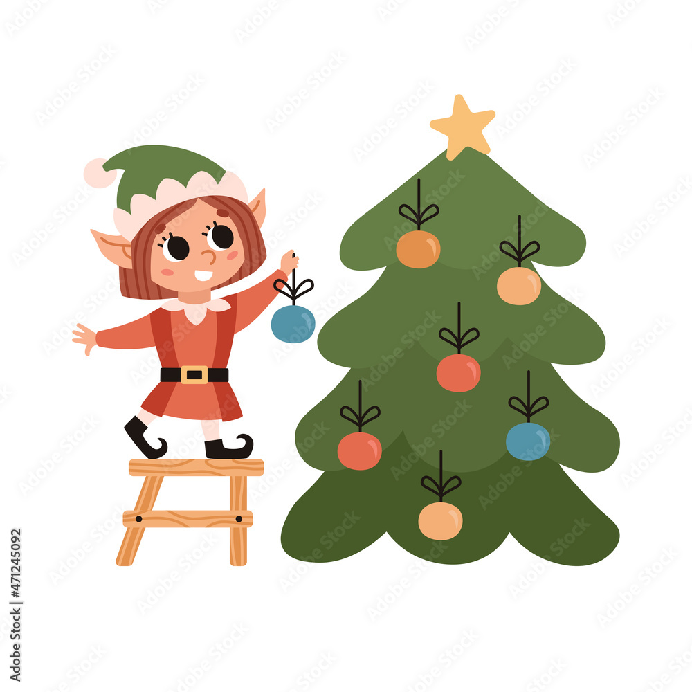 Elf decorates christmas tree with ornaments. Santa Claus helper. Cute vector character. Festive elf isolated on white background. Elf decorates christmas tree with ornaments. Santa Claus helper. Cute vector character. Festive elf isolated on white background.
