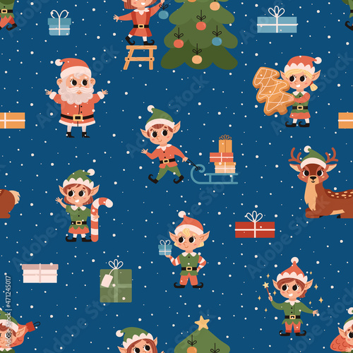 Christmas elves at the North Pole. Vector seamless pattern with green spruces, Santa Claus, deers and elves. Northern forest. Hand drawn illustration.
