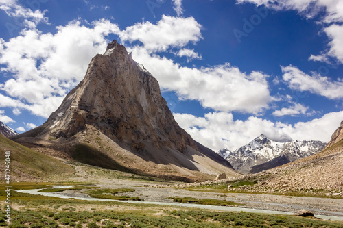 Photos The Kargyak river with the granite mountain peak of Mount Gumbok Rangjon on the Darcha Padum trekking route in the Zanskar valley in Ladakh