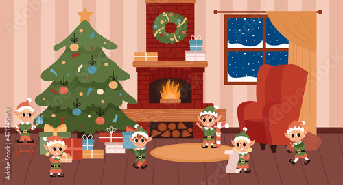 Christmas elves. Santa Claus helper. Elves arrange gifts in the room. Living room with a Christmas interior with a fireplace, gifts, a red armchair and a Christmas tree. Cozy warm winter evening.