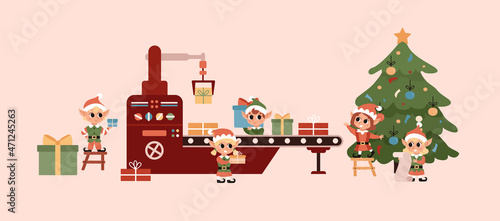 Christmas elves. Santa Claus helper. Elves work on the conveyor belt, make gifts. Factory for the production of gifts at the North Pole.