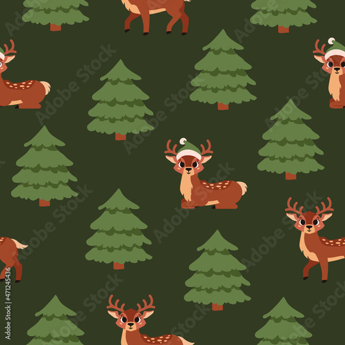 Winter tree landscape with deers. Vector seamless pattern with green spruces. Northern forest. Hand drawn illustration.
