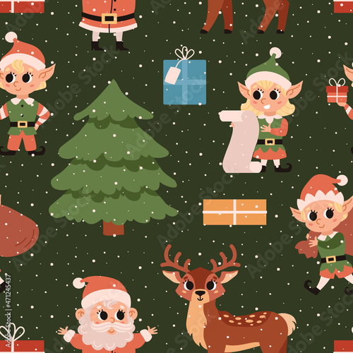 Christmas elves at the North Pole. Vector seamless pattern with green spruces, Santa Claus, deers and elves. Northern forest. Hand drawn illustration.