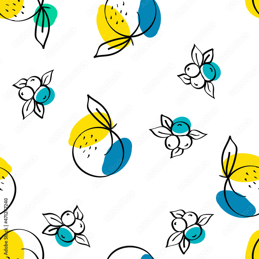Pink and Yellow Citrus and Blueberry Vector White
