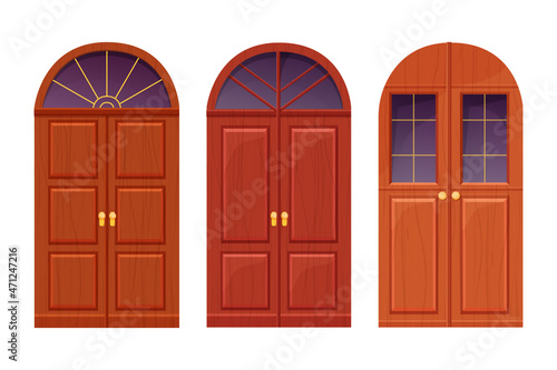 Set arch wooden door, front entrance with window, textured in cartoon style isolate on white background. Ui game asset, medieval decoration