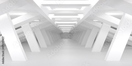 Empty White Garage Factory Stage Room. Abstract Architecture Futuristic Urban Tunnel Corridor Background. Large Hall Hangar Arcjitectural Interior Backdrop Scene. 3d rendering illustration.