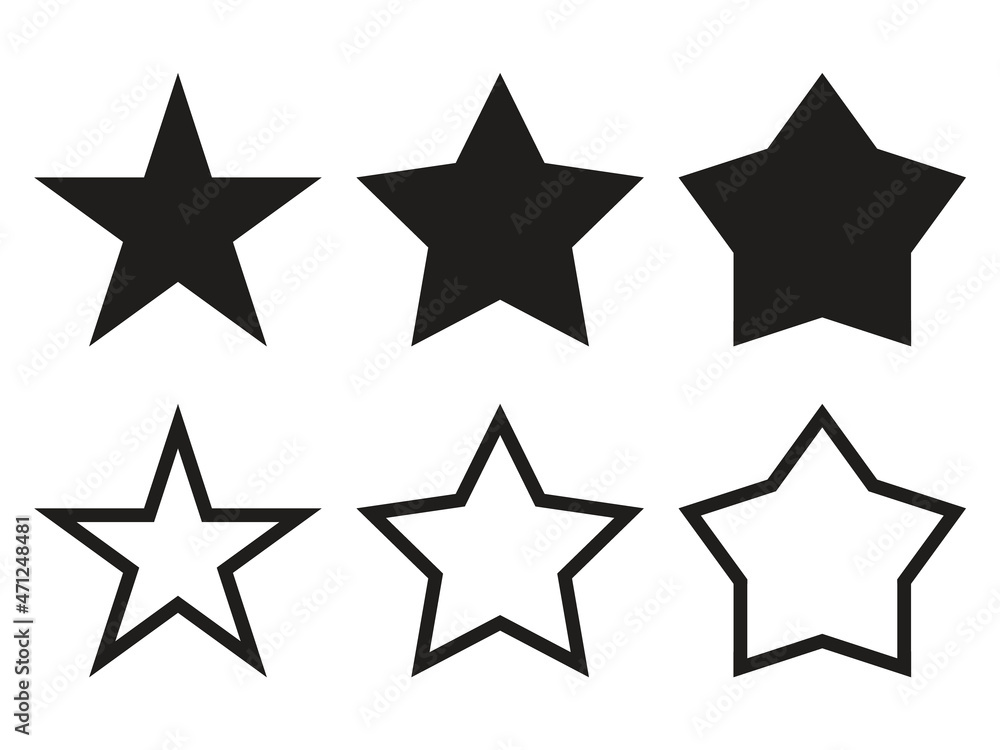 Star shapes collection. Simple silhouetes and outline stars. Pentogram design elements set. Vector illustration isolated on white. Star shapes collection. Simple silhouetes and outline stars. Pentogram design elements set. Vector illustration isolated on white.