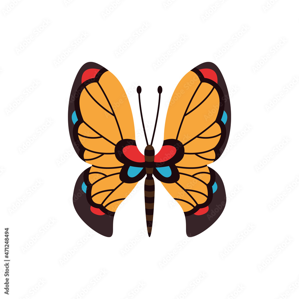 Exotic color butterfly. Hand drawn moth wings or insect. Cartoon tropical animal. Isolated  icon