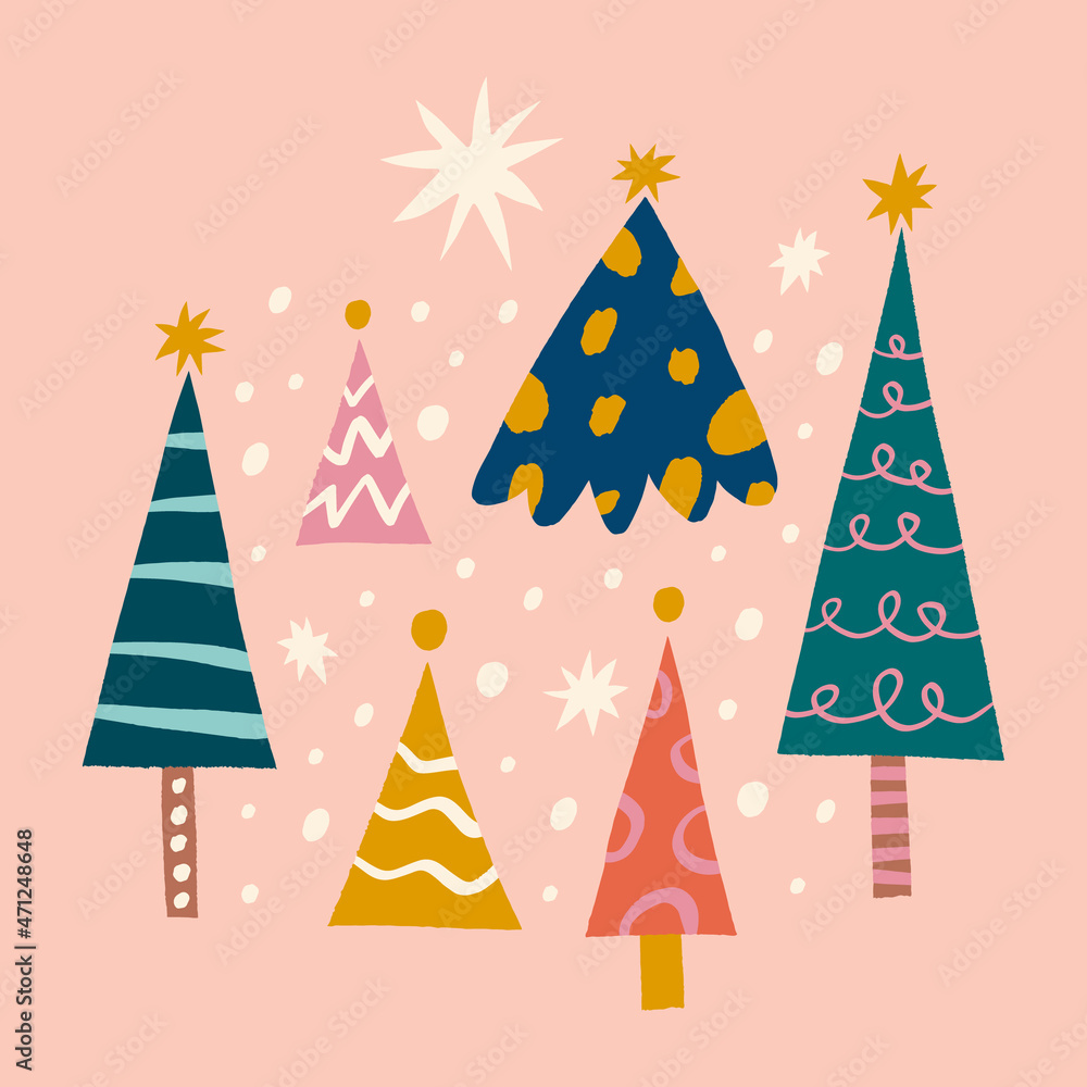 Christmas scandinavian spruces trees childish cartoon doodle boho naive funky handdrawn style art seamless pattern vector Christmas scandinavian spruces trees childish cartoon doodle boho naive funky handdrawn style art seamless pattern vector