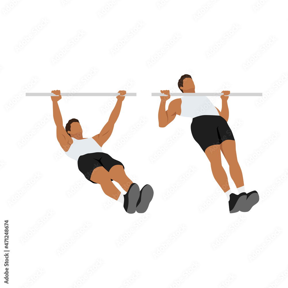 Man doing Inverted rows. reverse pull ups exercise. Flat vector illustration isolated on white background Man doing Inverted rows. reverse pull ups exercise. Flat vector illustration isolated on white background