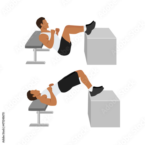 Man doing Elevated. Barbell glute bridges. Hip raises exercise. Flat vector illustration isolated on white background