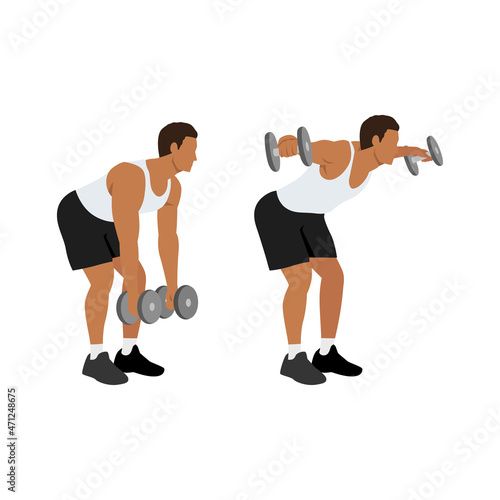 Man doing Dumbbell bent over lateral rear delt raises. Flyes exercise. Flat vector illustration isolated on white background