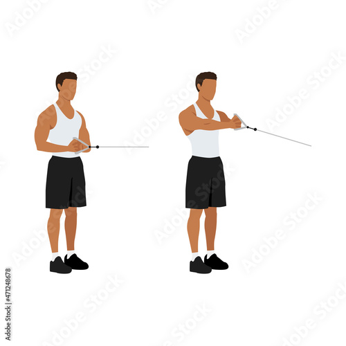 Man doing Palloff press. oblique iso hold exercise. Flat vector illustration isolated on white background