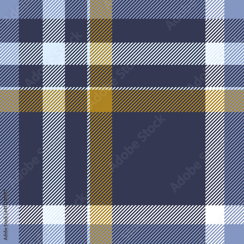 Seamless plaid pattern in dark navy, mustard yellow, blue and white. 