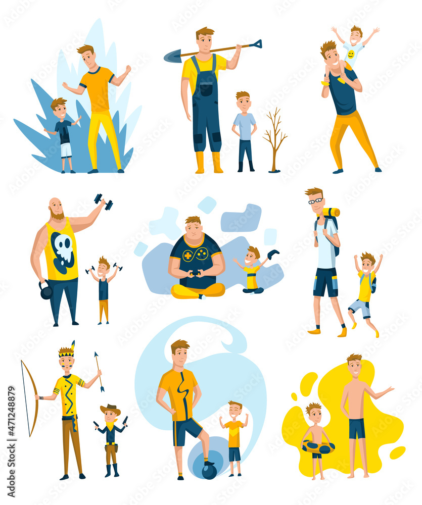 Collection of fathers who spend time with sons. Dads and sons happy family concept. Fatherhood flat cartoon  illustration. Outdoor activity