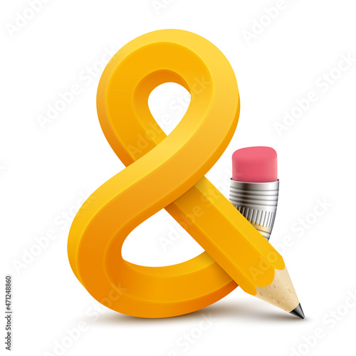 Pencil bent into an ampersand sign with pink eraser and metal clamp. Vector realistic isolated illustration.