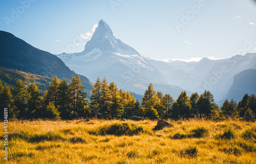 Sunny scene and splendid views of the Matterhorn spire. Switzerland, Europe.