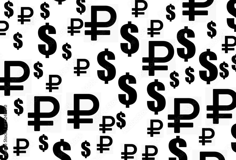 Background, banner and wallpaper for design. The dollar symbol and the ruble are at different angles, chaotic on a white background. Pattern. 3d Background, banner and wallpaper for design. The dollar symbol and the ruble are at different angles, chaotic on a white background. Pattern. 3d