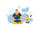 Father spend time with son. Dad and son playing game, happy family concept. Fatherhood flat cartoon  illustration. Outdoor activity