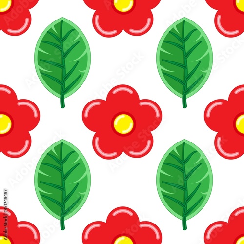 Fototapeta Naklejka Na Ścianę i Meble -  Red flower and green leaves, seamless pattern on the white background. Vector illustration. Wrapping paper.