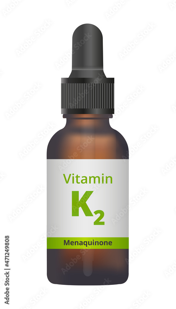 Vector illustration or icon of an amber glass dropper bottle with vitamin K2 isolated on white. Liquid vitamin K drops. Dietary supplement, which improves bone density and reduces risk of fractures. Vector illustration or icon of an amber glass dropper bottle with vitamin K2 isolated on white. Liquid vitamin K drops. Dietary supplement, which improves bone density and reduces risk of fractures.