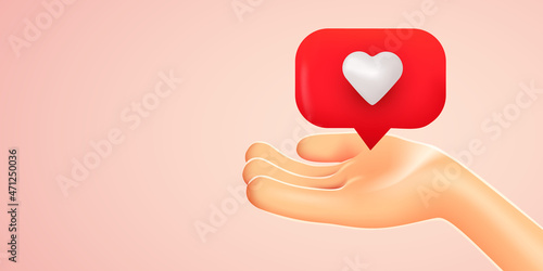 Cartoon hand hold flying like sign. Social media marketing, like notifications.