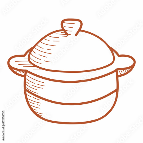 Line Ceramic saucepan. A pot with a lid or a sugar bowl, a faience dish, handmade clay dishes. Hand drawn vector illustration in doodle style. Isolated element on a white background