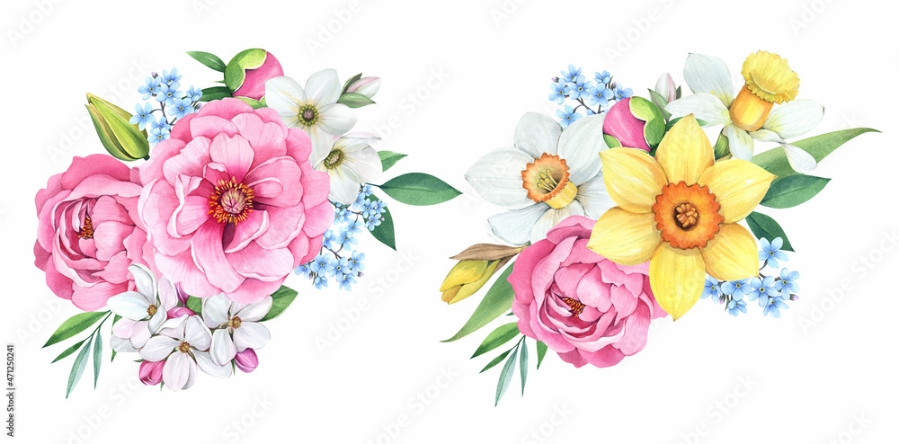 Watercolor illustration. Spring bouquet on a white background. Peonies, daffodils, forget-me-nots.