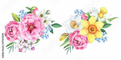 Watercolor illustration. Spring bouquet on a white background. Peonies, daffodils, forget-me-nots. © Anna