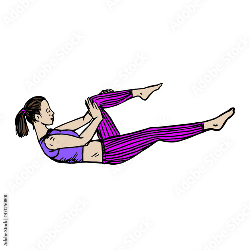 Girl pumping press in bright pink leggings, hand drawn doodle, drawing, sketch illustration