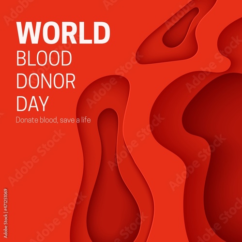 World Blood Donor Day poster in paper cut style. 3d red background with liquid waves. Vector card illustrations for leukemia or hemophilia concept. Medical health care flyer with inside view artery.