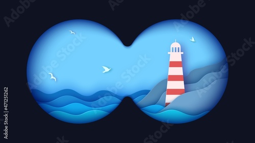 Binoculars viewfinder template. Realistic 3d illustration of transparent gradient lens and sea landscape. Vector card of view binoculars with soft blurry edges and ocean waves in paper cut style.