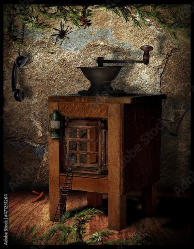 still life with a chair coffee grinder photo