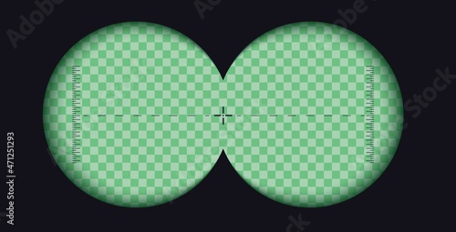 Binoculars viewfinder template. Realistic 3d illustration of transparent gradient lens. Vector card of view binoculars with soft blurry edges and transparency fields with measuring scale in the center