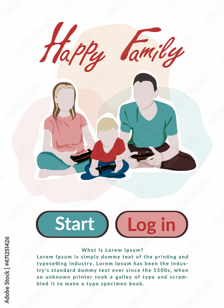 Video entertainment cute vector flat illustration. Father and kids. Happy family. Father's Day. Family having fun playing video games together. Concept of family fun with kids at home.