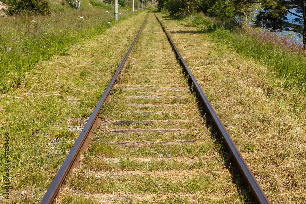 Obraz premium Circum-Baikal Railway, Russia. old railway with wooden sleepers. Mowed grass along the rails.