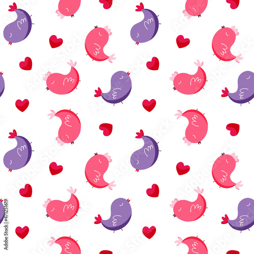 Seamless pattern with cute birds and hearts on a white background. Valentine's Day vector illustration. Endless texture for holiday design