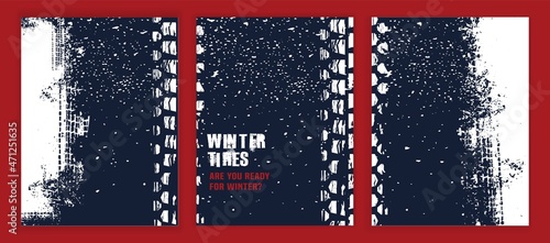 Grunge tyre tracks background for vertical poster. Vector set