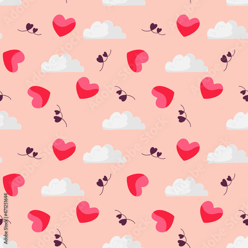 Seamless pattern with hearts and clouds on a delicate pink background. Valentines day vector endless texture for holiday decoration