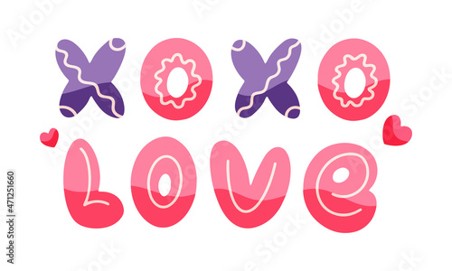 Xoxo and love - lettering for Valentine's Day. Set of bright words and hearts isolated on white background. Vector illustration for holiday decorations