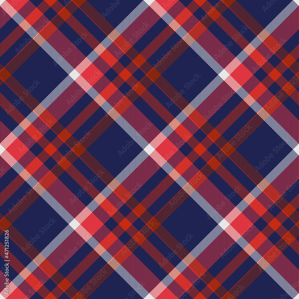 Seamless plaid pattern in red, white and navy. All over diagonal print. Seamless plaid pattern in red, white and navy. All over diagonal print.