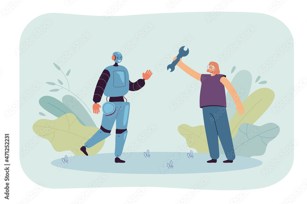 Female engineer or mechanic with wrench making friendly robot. Robotic character waving at woman flat vector illustration. Modern robots, technology, AI concept for banner or landing web page Female engineer or mechanic with wrench making friendly robot. Robotic character waving at woman flat vector illustration. Modern robots, technology, AI concept for banner or landing web page