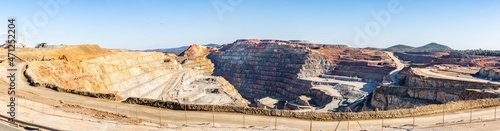 Panorama of Corta Atalaya with mining levels at open mine pit. Deep excavation of pyrite and extraction of minerals of cooper and gold in municipality of Minas de Riotinto, Huelva, Andalusia, Spain photo