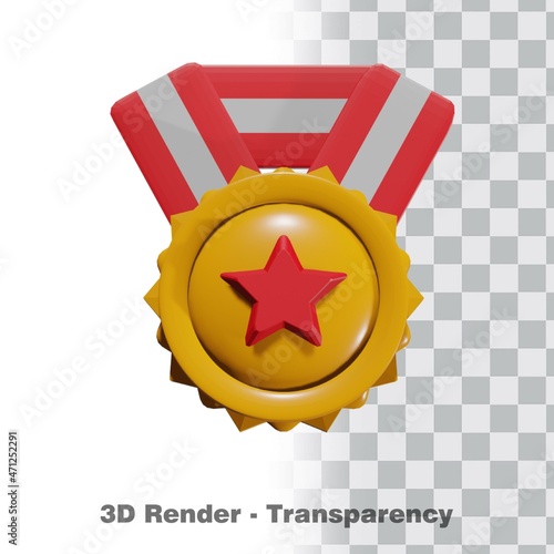3D Gold medal and ribbon with transparency background