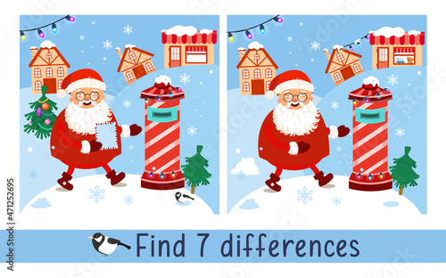 Santa Claus carries letter to mailbox. Find 7 differences. Game for children. Activity, vector.