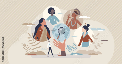 Cultural anthropology as various ethnic group research tiny person concept. Explore multiracial and multiethnic society and community people for scientific diversity behavior study vector illustration photo